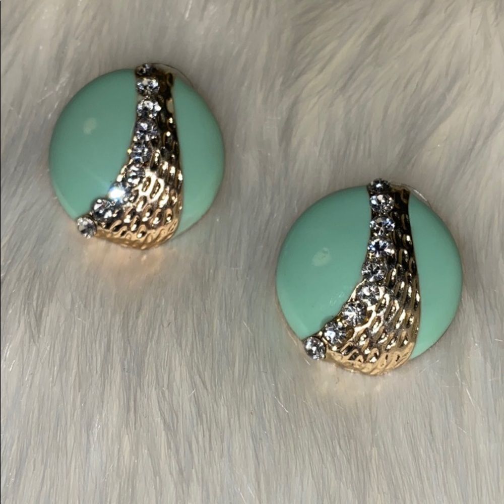 Mint Green Gold with Faux Paved Diamond Round Enamel Earrings with Post Backs